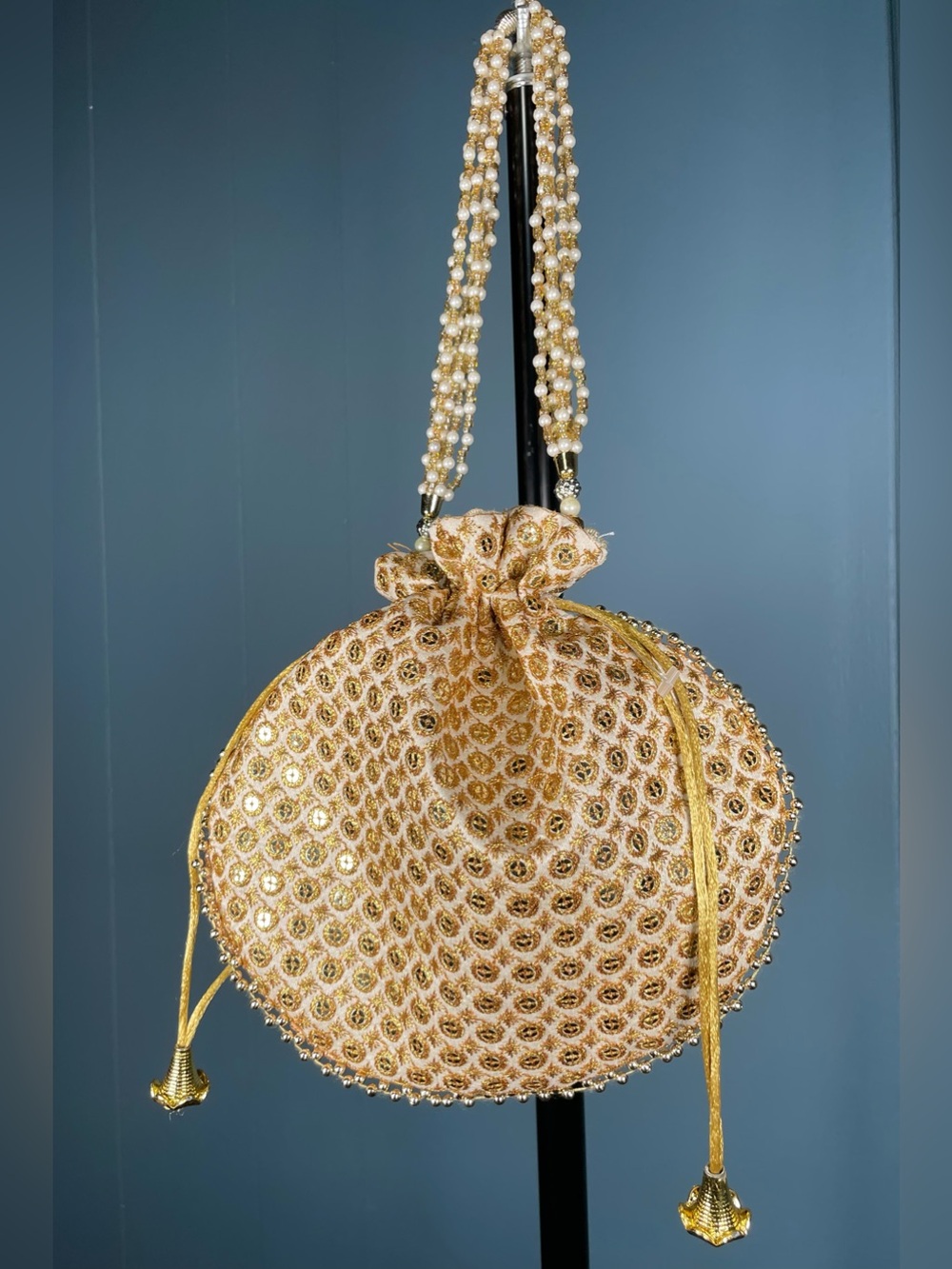 Gold Brocade Beaded Sequin Evening Bag Drawstring Purse Pearl Beaded Handle